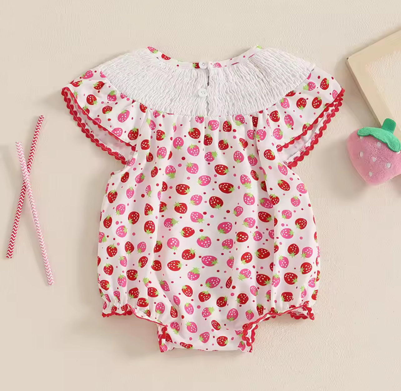 Strawberry Embroidered Ruffle Romper