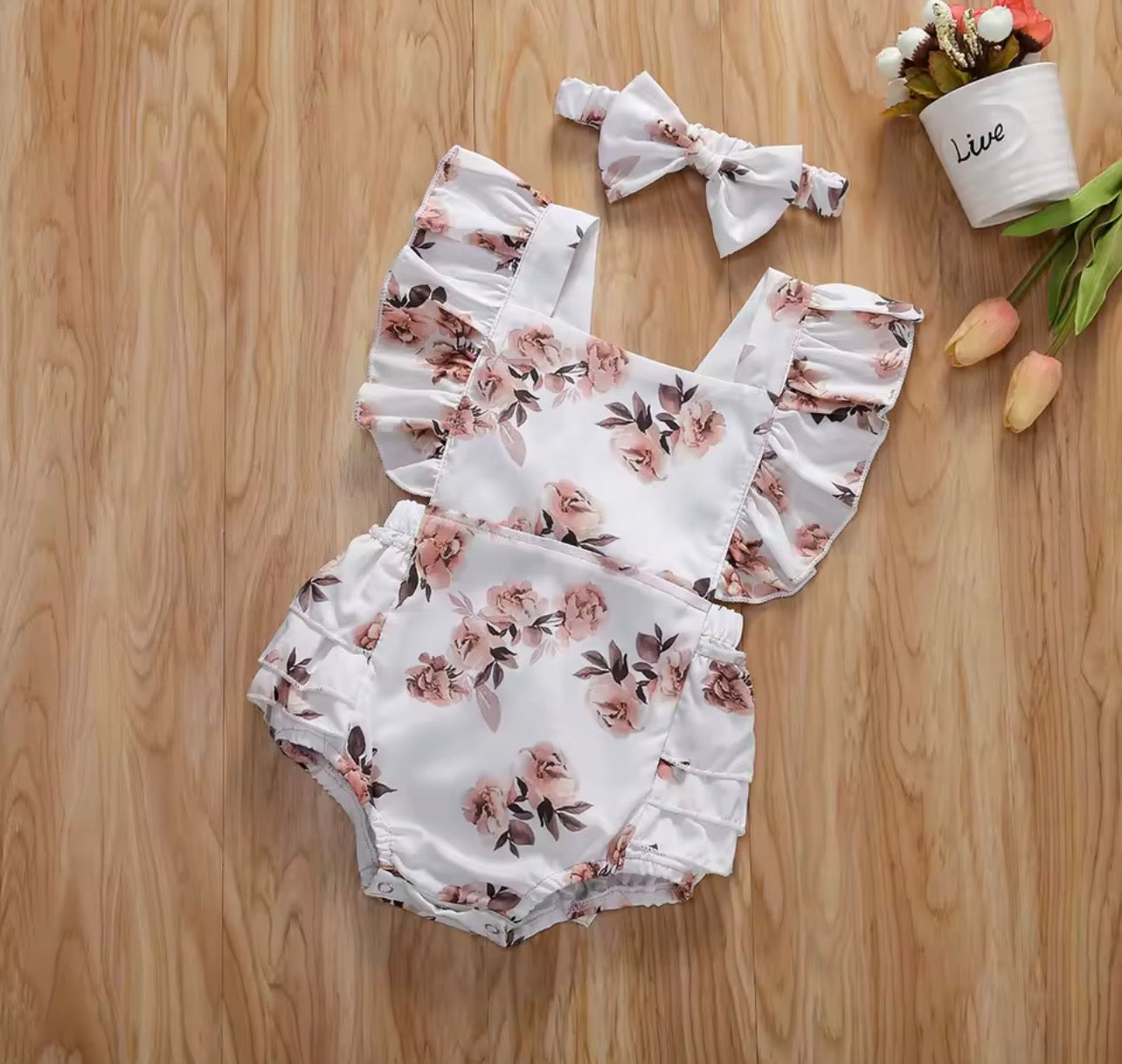 White Floral Sleeveless Ruffle Romper with Matching Headband