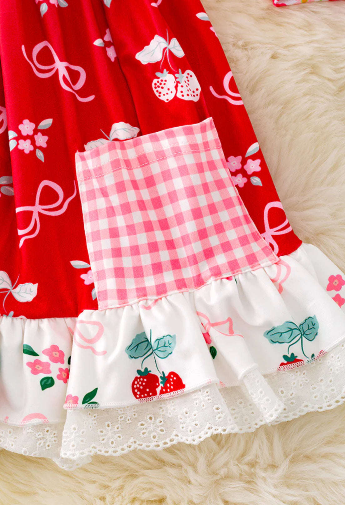 COQUETTE & SWEET STRAWBERRY PRINTED DRESS W/ RUFFLE HEM