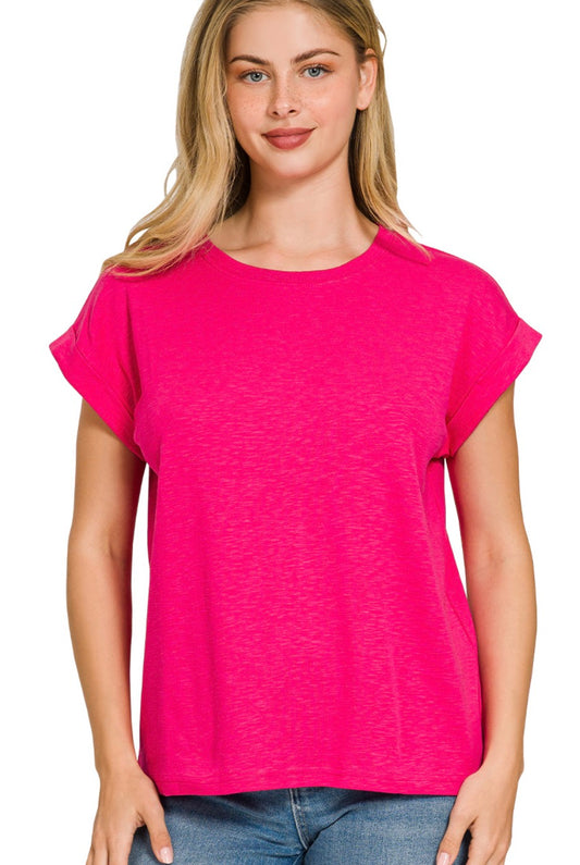 Cotton Modal Slub Rolled Sleeve Top