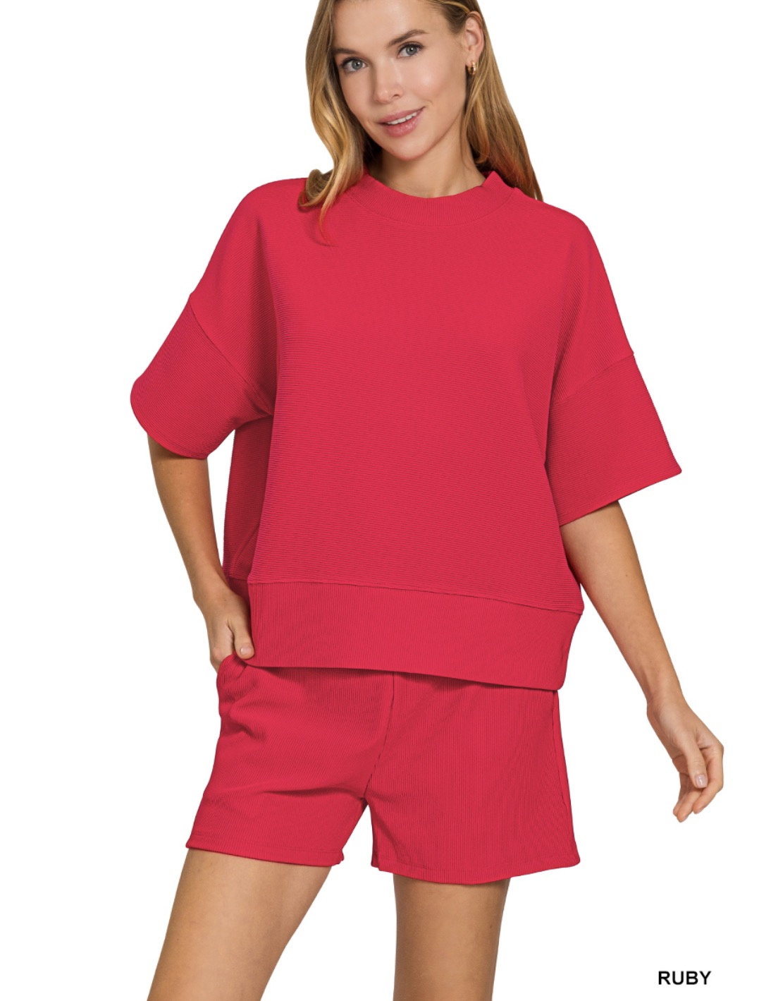 RIBBED ROUND NECK TEE SHORT SET