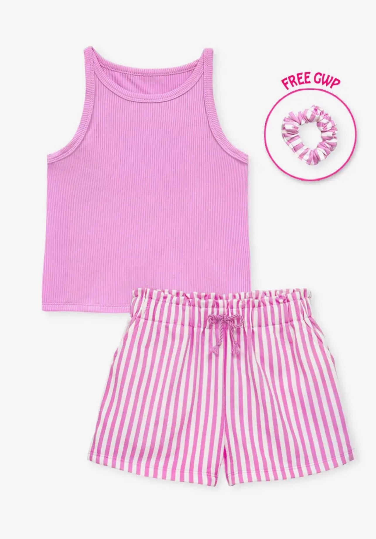 Girl's Pink Stipe Short Set w/ Matching Scrunchie