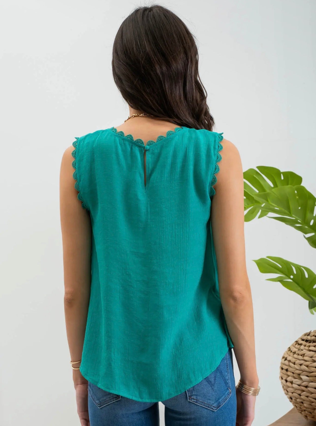 Sleeveless Lace Edge Woven Top