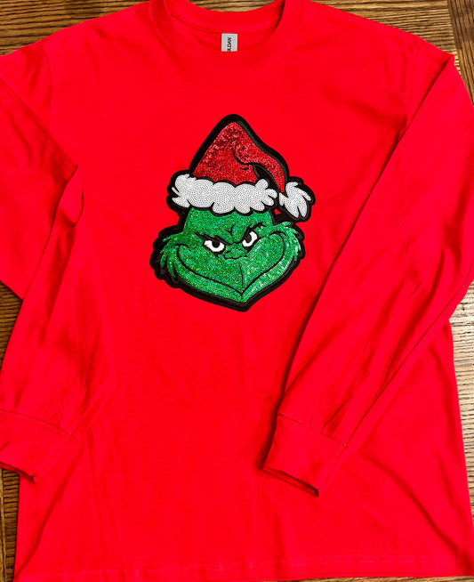 Sequin Grinch Patch Long Sleeve Tee