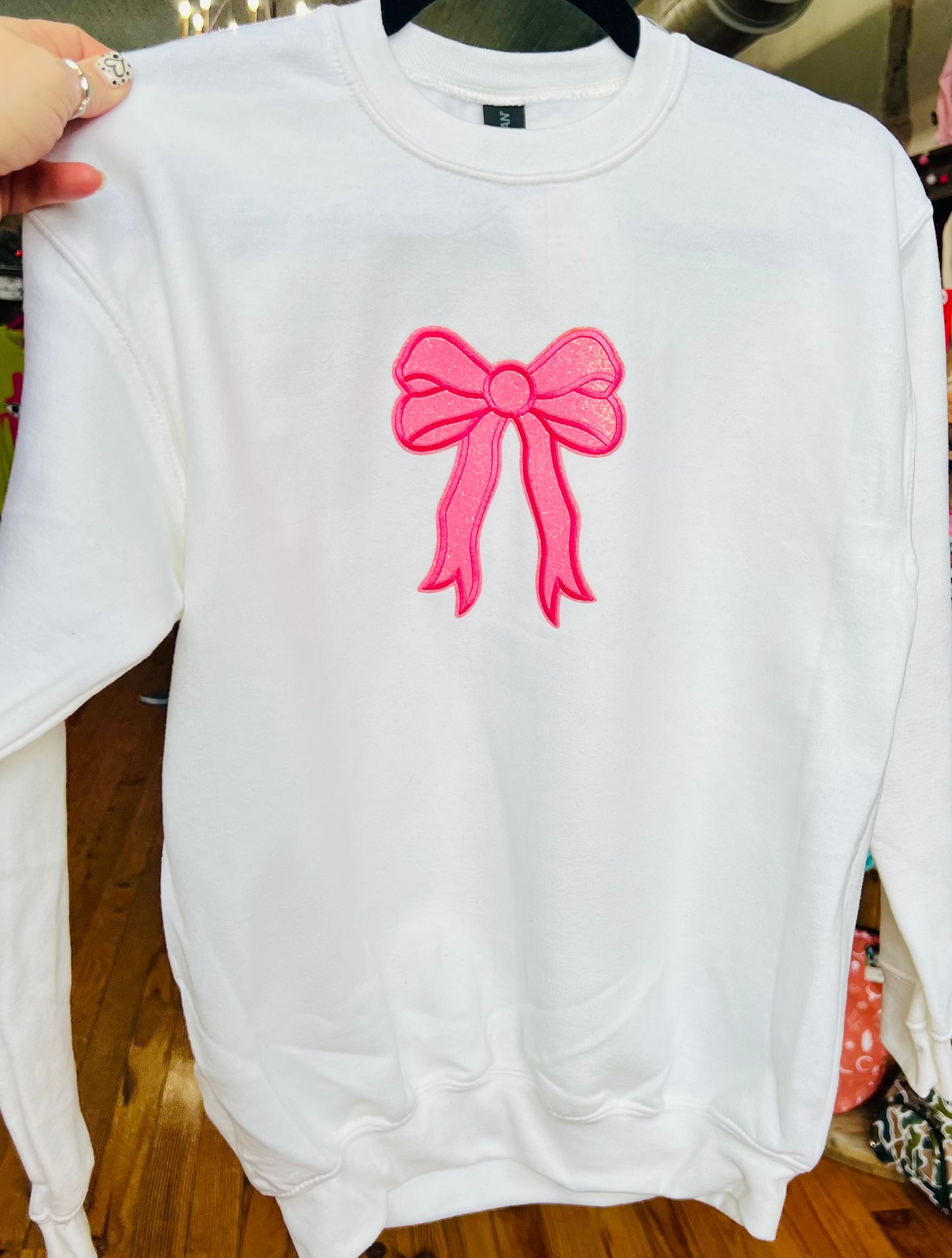 Pink Bow Patch White Crewneck