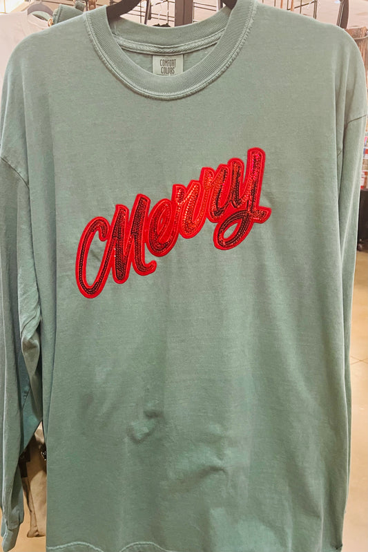 Merry Sequin Comfort Colors Long Sleeve Tee