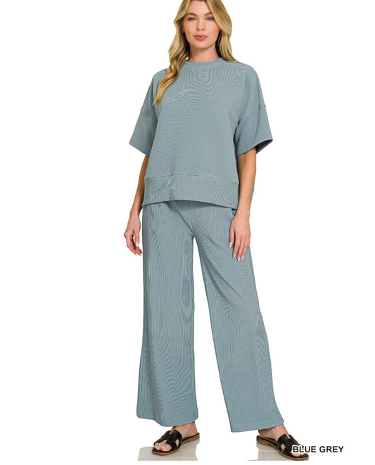 RIBBED ROUND NECK TEE PANT SET