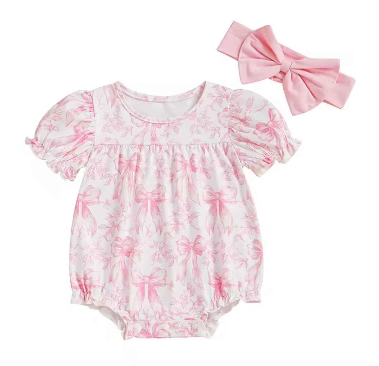 Floral Blue Bow Print Bubble Romper with Matching Bow
