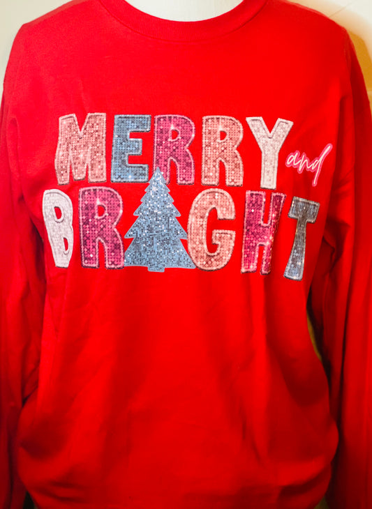 Merry And Bright Faux Embroidery Long Sleeve Tee