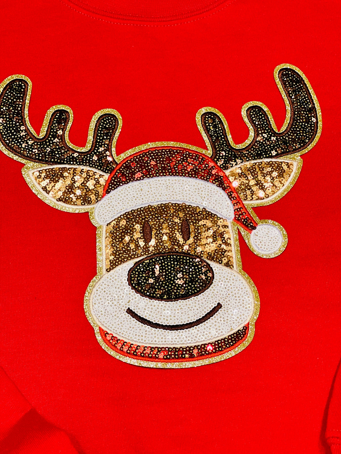 Kids Red Reindeer Sequin Patch Crewneck