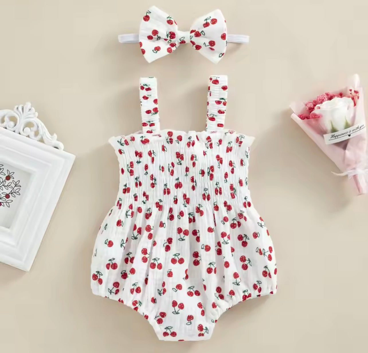Cherry Summer Romper with Matching Headband