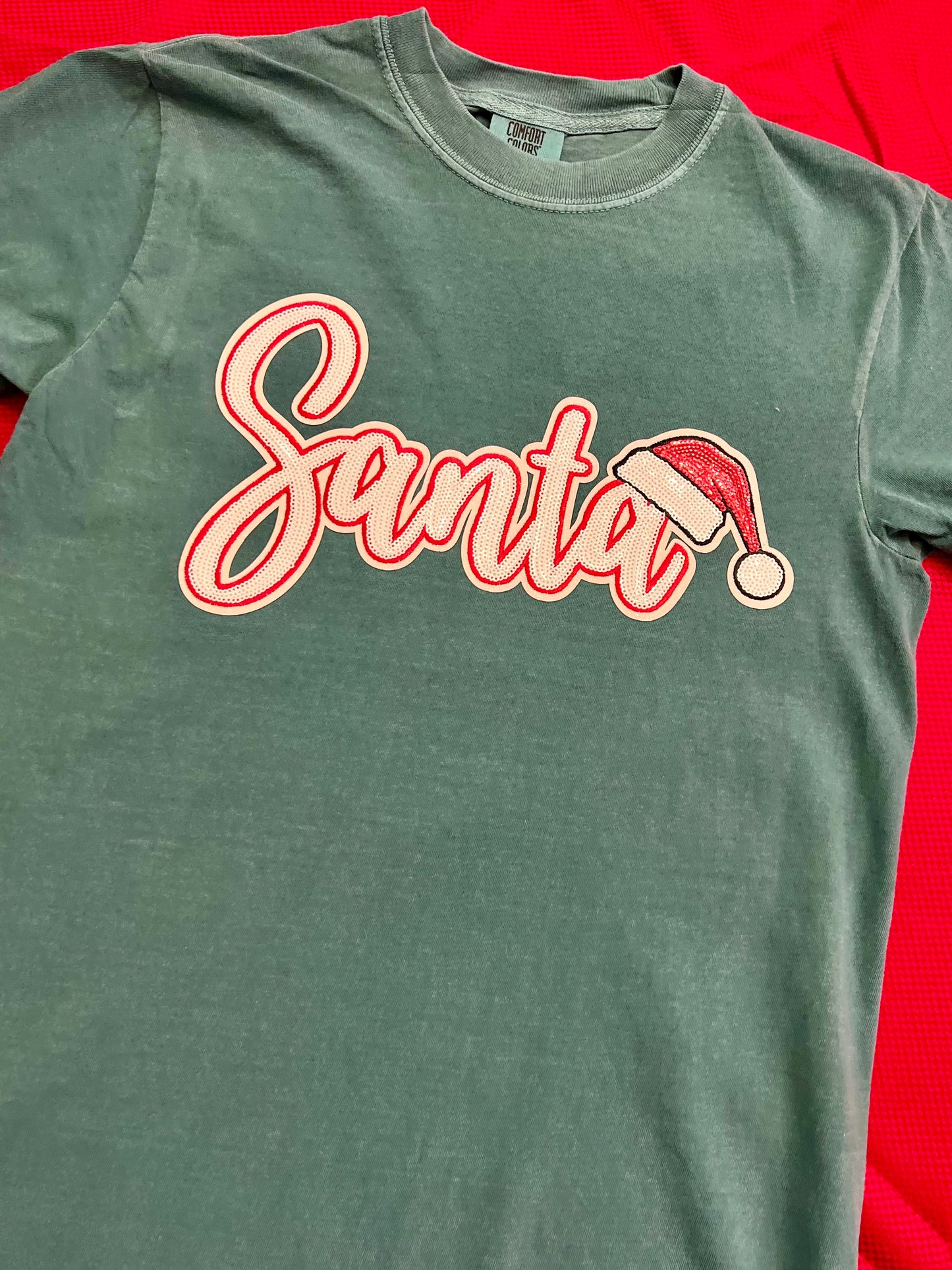 Sequin Santa Hat on Emerald Comfort Color Tee
