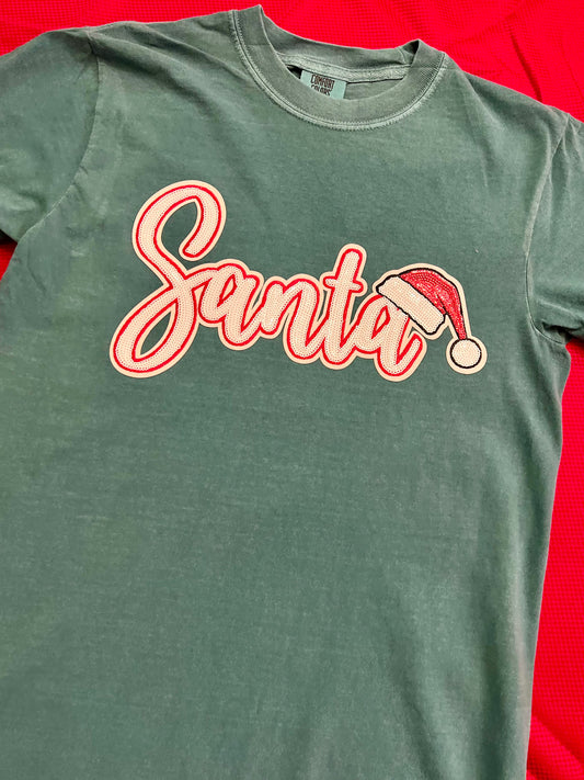 Sequin Santa Hat on Emerald Comfort Color Tee