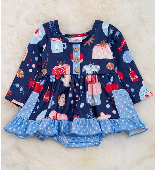 Navy Christmas Ornament onesie/Dress
