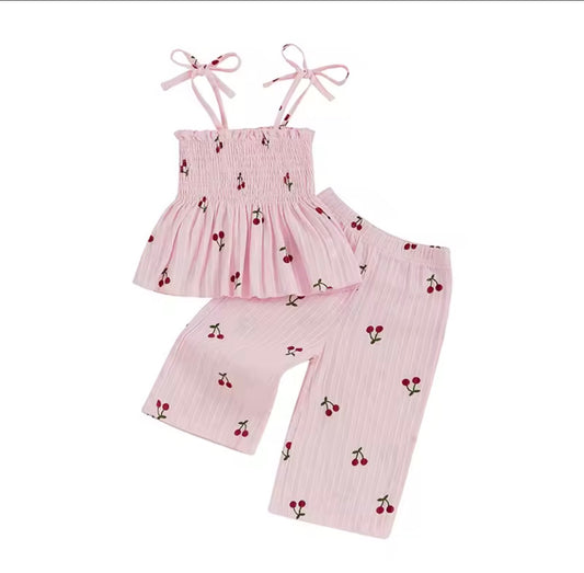 Pink Linen Cherry Spring Pant Set