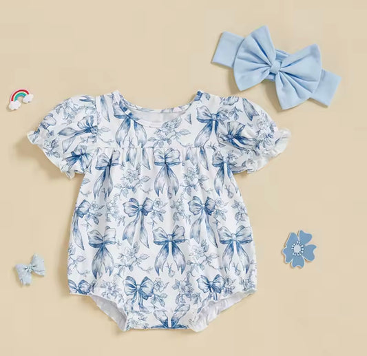 Floral Blue Bow Print Bubble Romper with Matching Bow