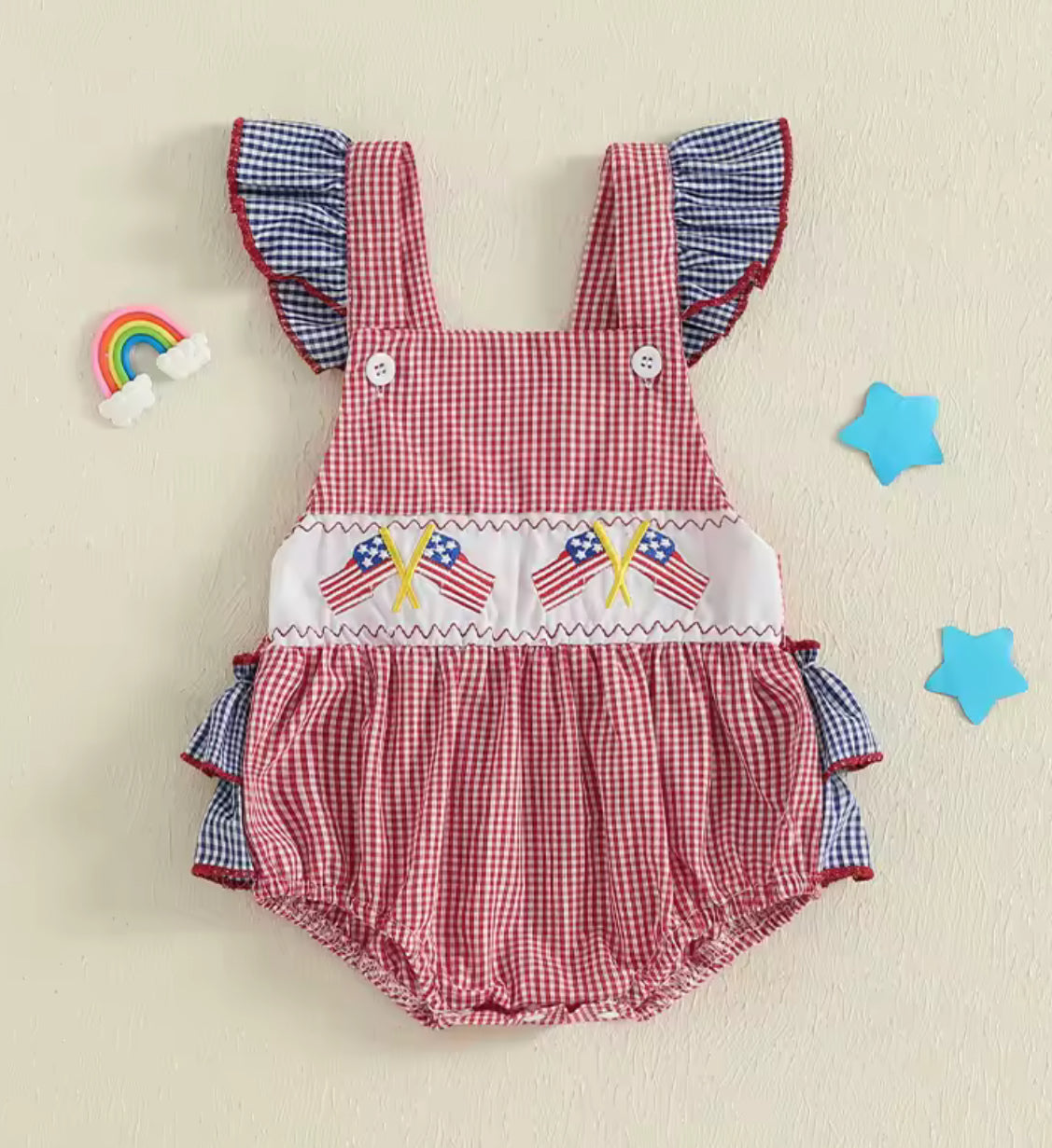 American Flag Gingham Ruffle Butt Romper