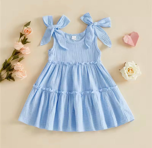 Blue Linen Ruffle Spring Dress