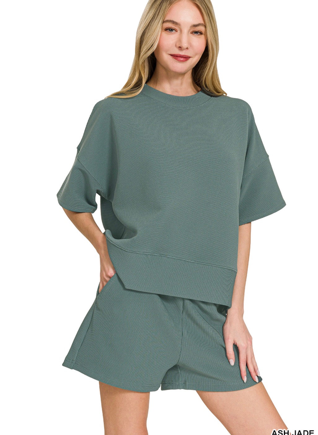 RIBBED ROUND NECK TEE SHORT SET