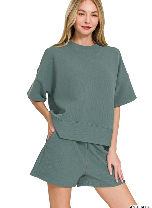 RIBBED ROUND NECK TEE SHORT SET