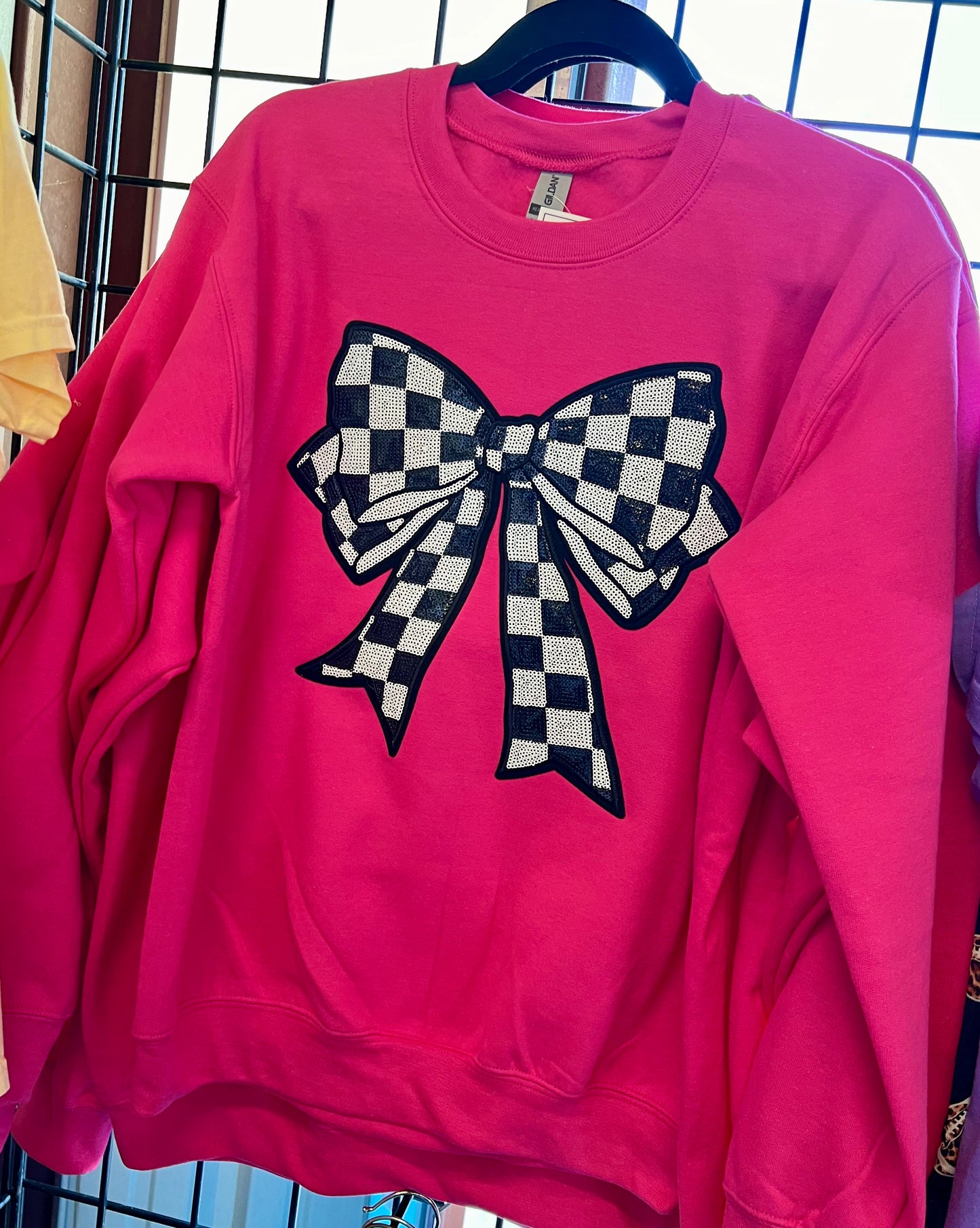 Pink Sequin Checkered Bow Crewneck