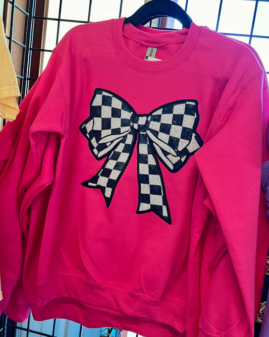 Pink Sequin Checkered Bow Crewneck