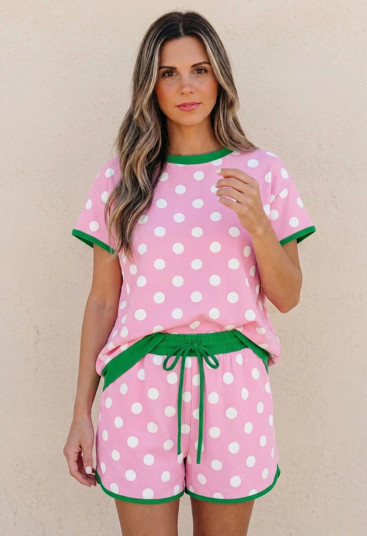 Pink and White Polka Dot Short Set with Green Accent