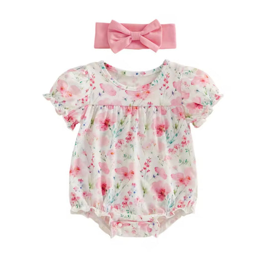 Floral Pink Bow Print Bubble Romper with Matching Bow