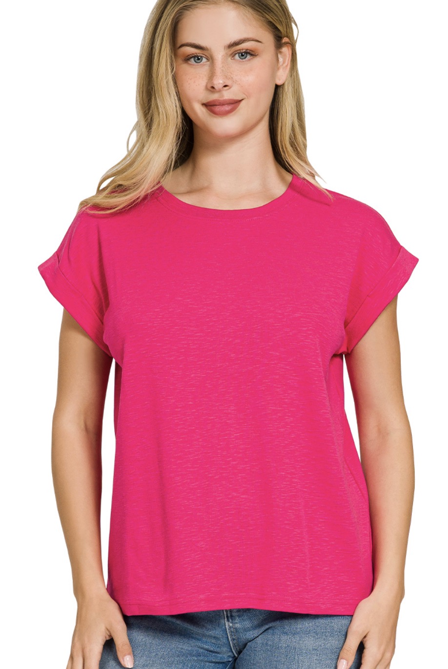 Cotton Modal Slub Rolled Sleeve Top