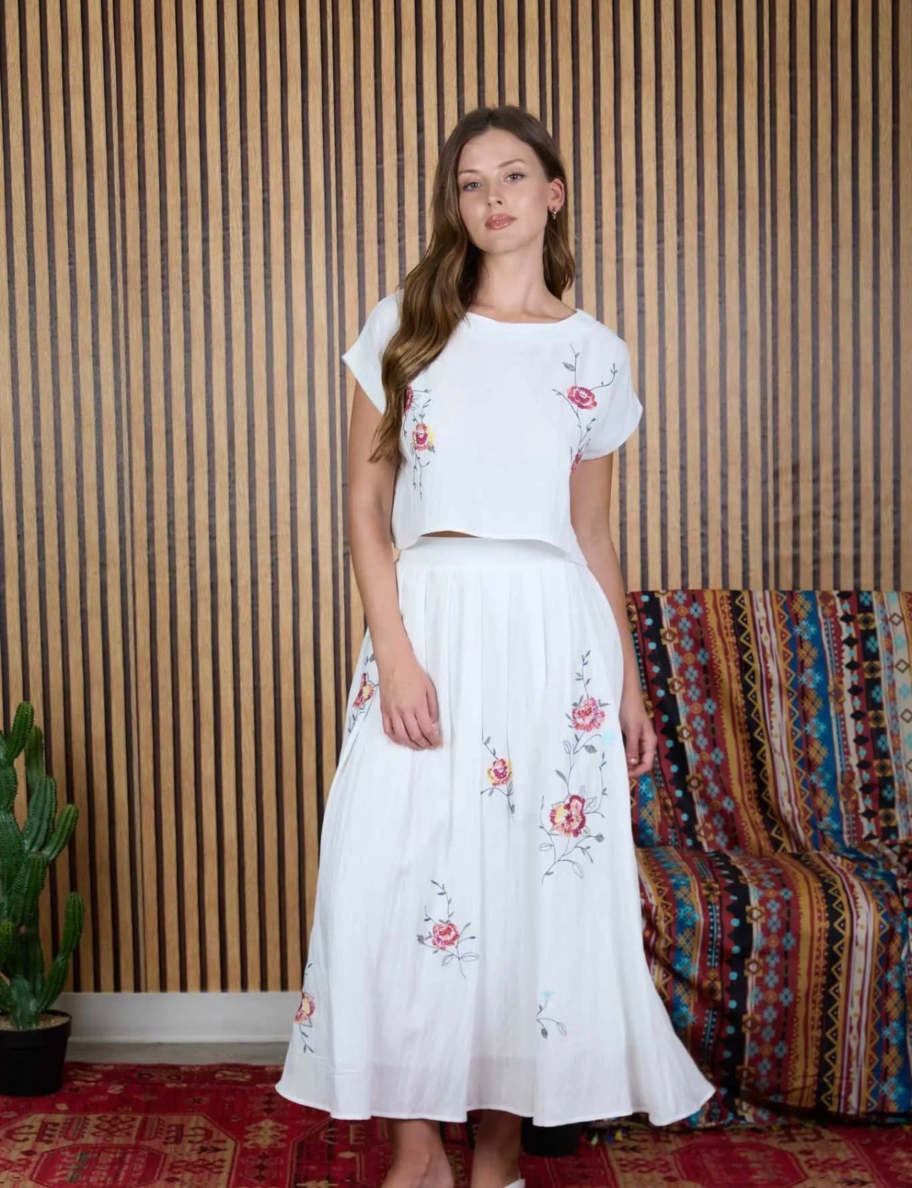 Floral Embroidery Detail
Midi Skirt