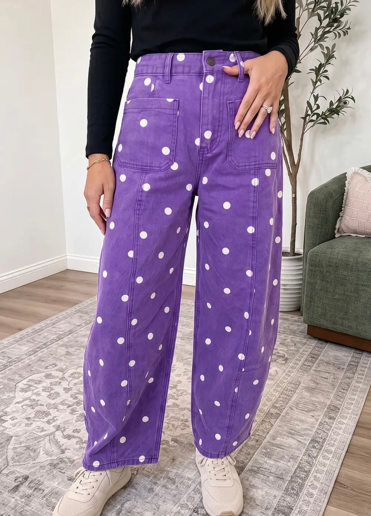 Purple Polka Dot Print Barrel Casual Jeans **Preorder**