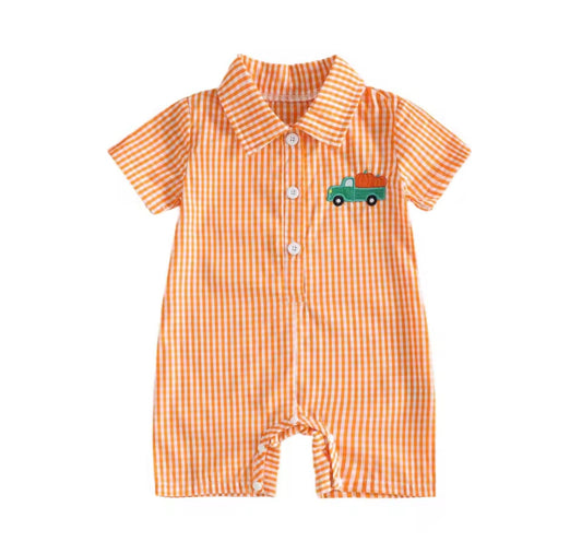 Pumpkin Truck Plaid Embroidered Romper