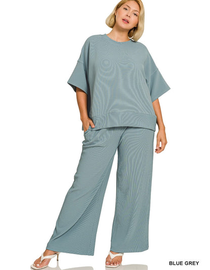 RIBBED ROUND NECK TEE PANT SET