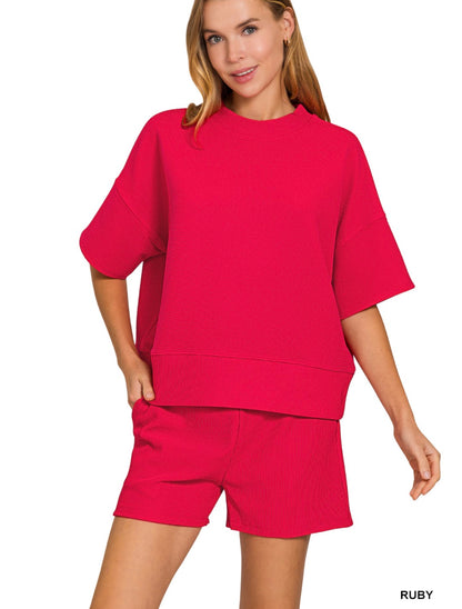RIBBED ROUND NECK TEE SHORT SET