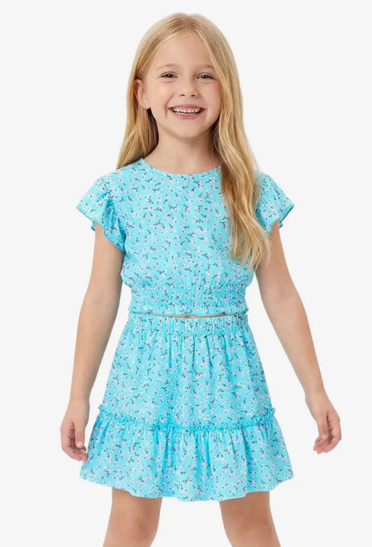 Girls Two Piece Blue Floral Skirt Set