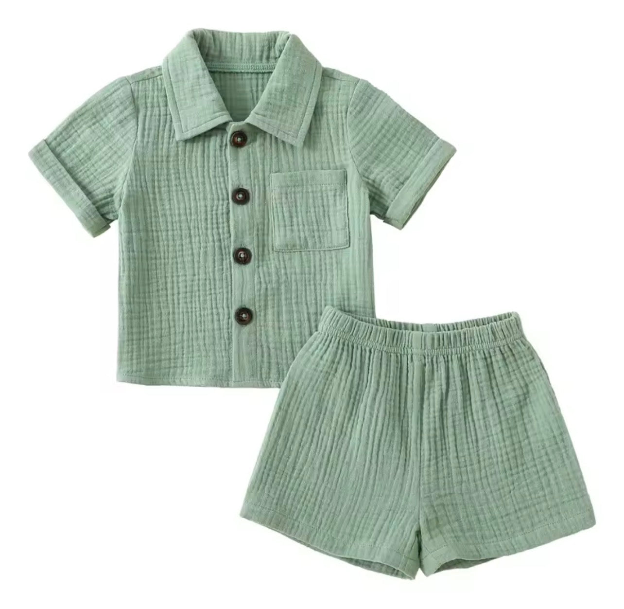 Green Linen Button Down Short Set