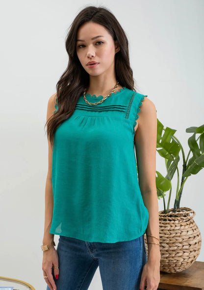 Sleeveless Lace Edge Woven Top