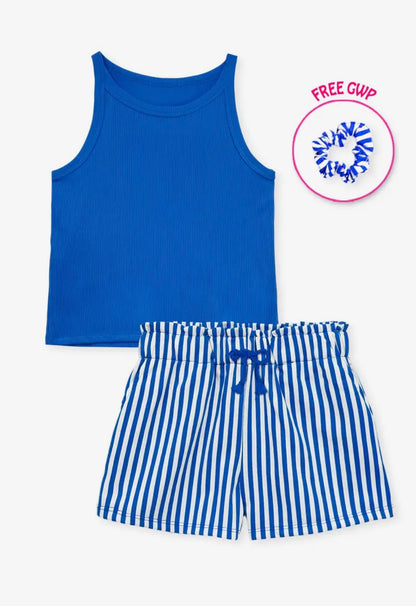 Girl's Blue Stipe Short Set w/ Matching Scrunchie