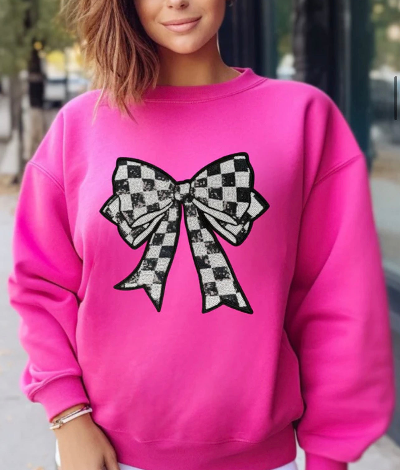 Checkered Bow Patch Crewneck