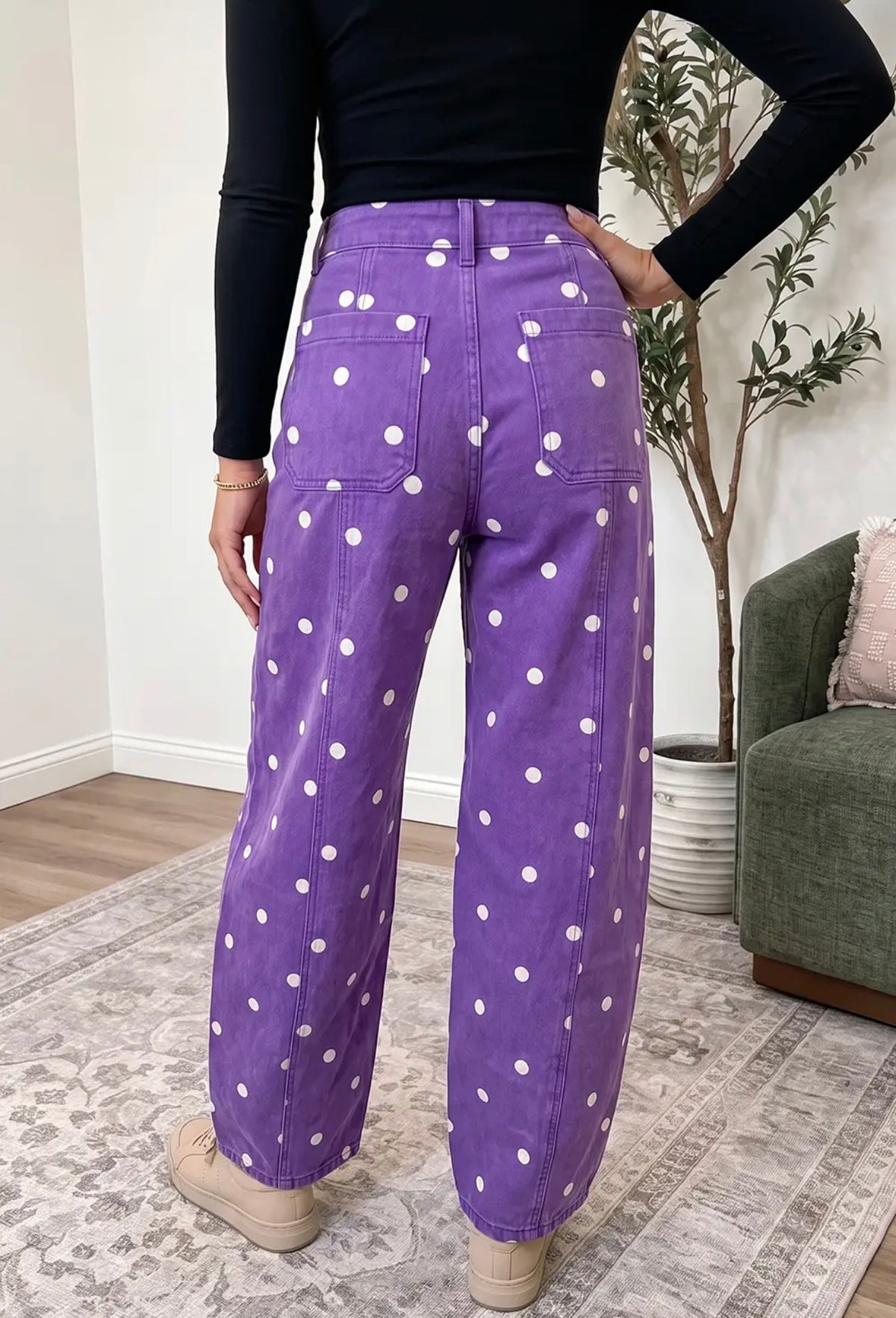 Purple Polka Dot Print Barrel Casual Jeans **Preorder**