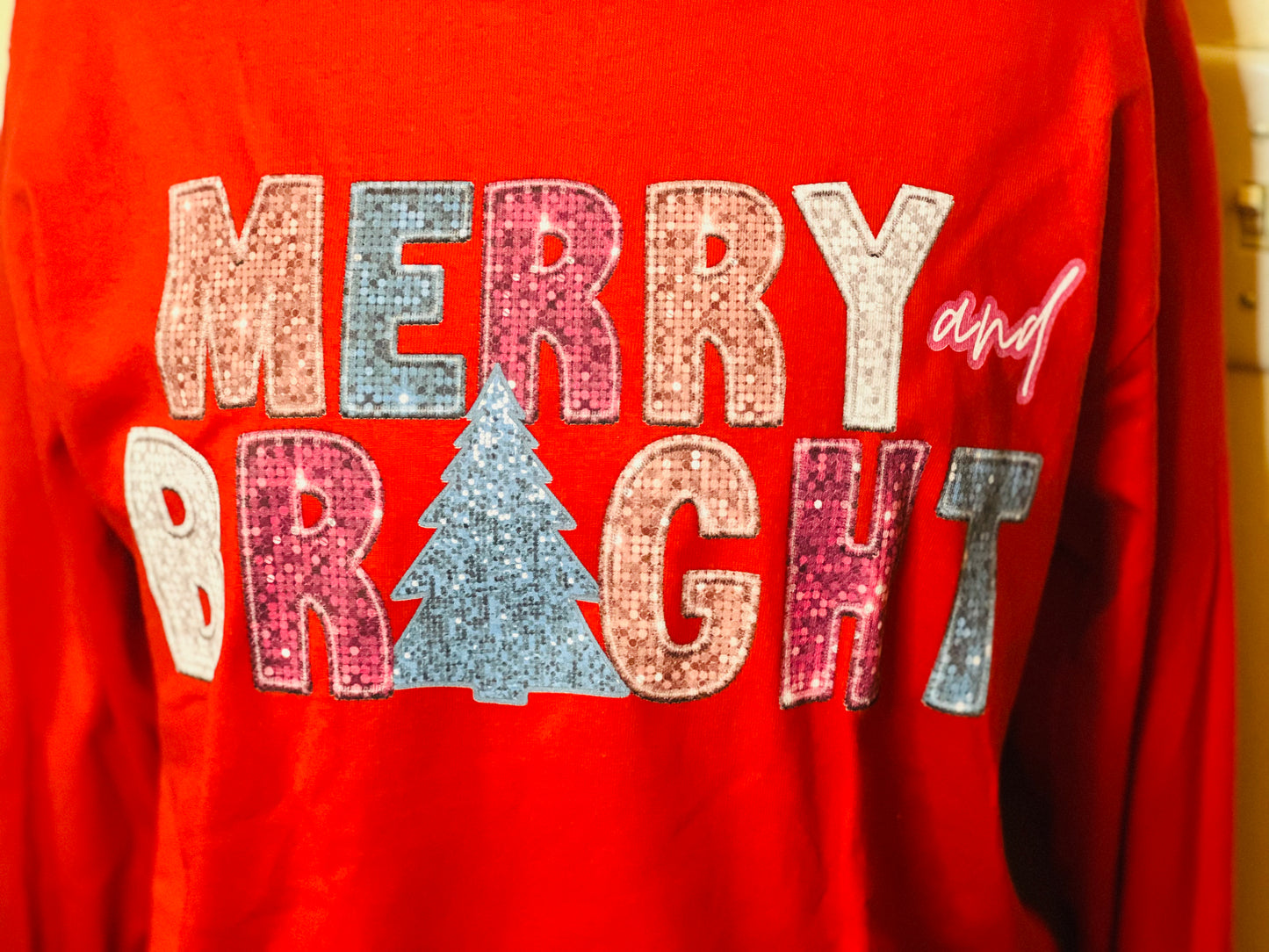 Merry And Bright Faux Embroidery Long Sleeve Tee