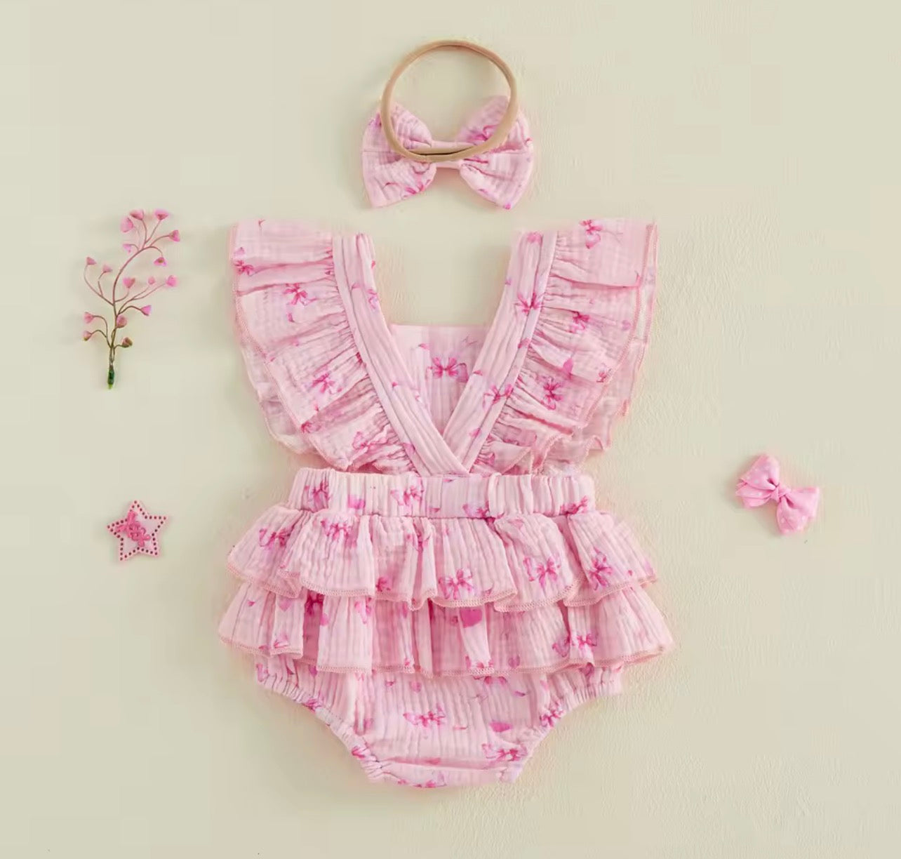 Pink Ruffle Bow Romper with Matching Headband
