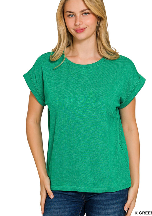 Cotton Modal Slub Rolled Sleeve Top