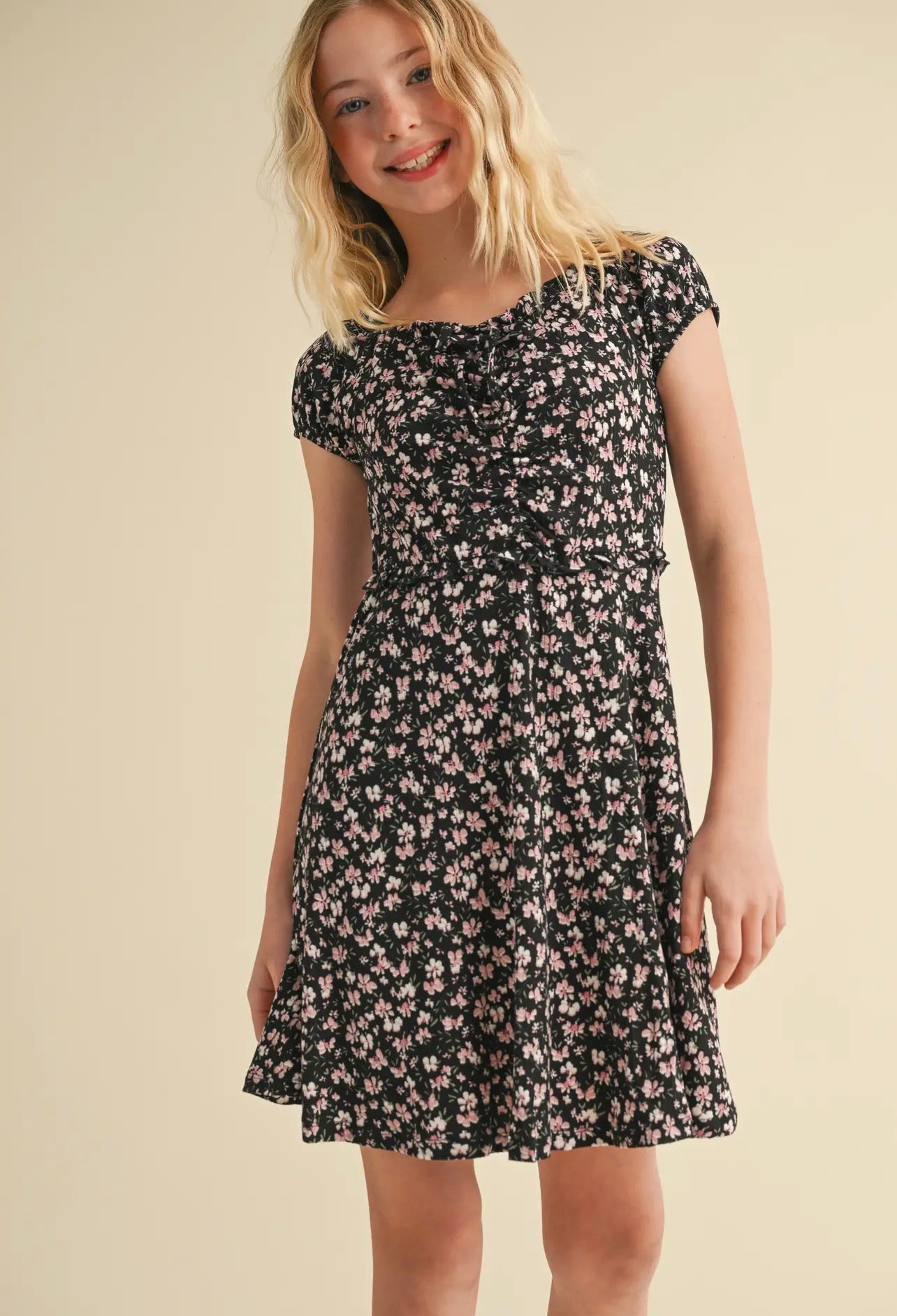 Girls Puff Sleeve Cinch Front Dress