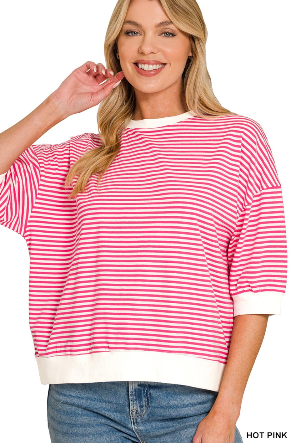 STRIPED BANDED BOTTOM TOP in Hot Pink