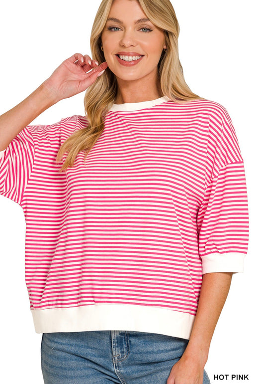 STRIPED BANDED BOTTOM TOP in Hot Pink