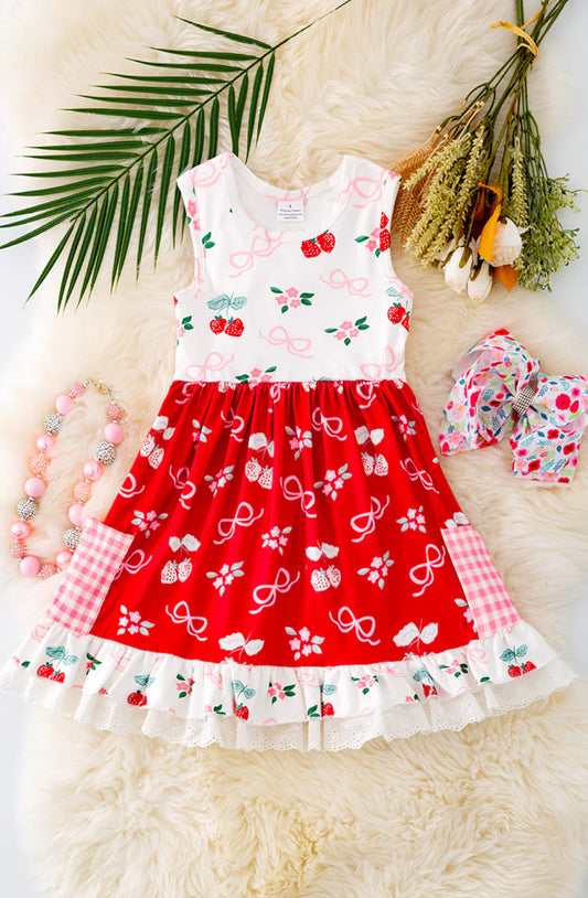 COQUETTE & SWEET STRAWBERRY PRINTED DRESS W/ RUFFLE HEM