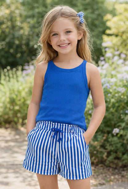Girl's Blue Stipe Short Set w/ Matching Scrunchie