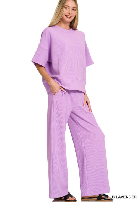 RIBBED ROUND NECK TEE PANT SET