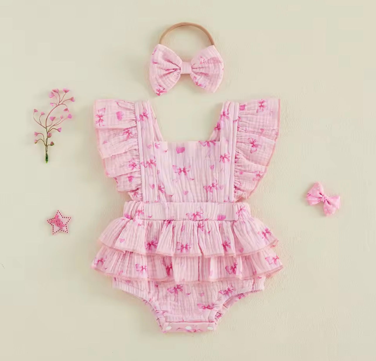 Pink Ruffle Bow Romper with Matching Headband
